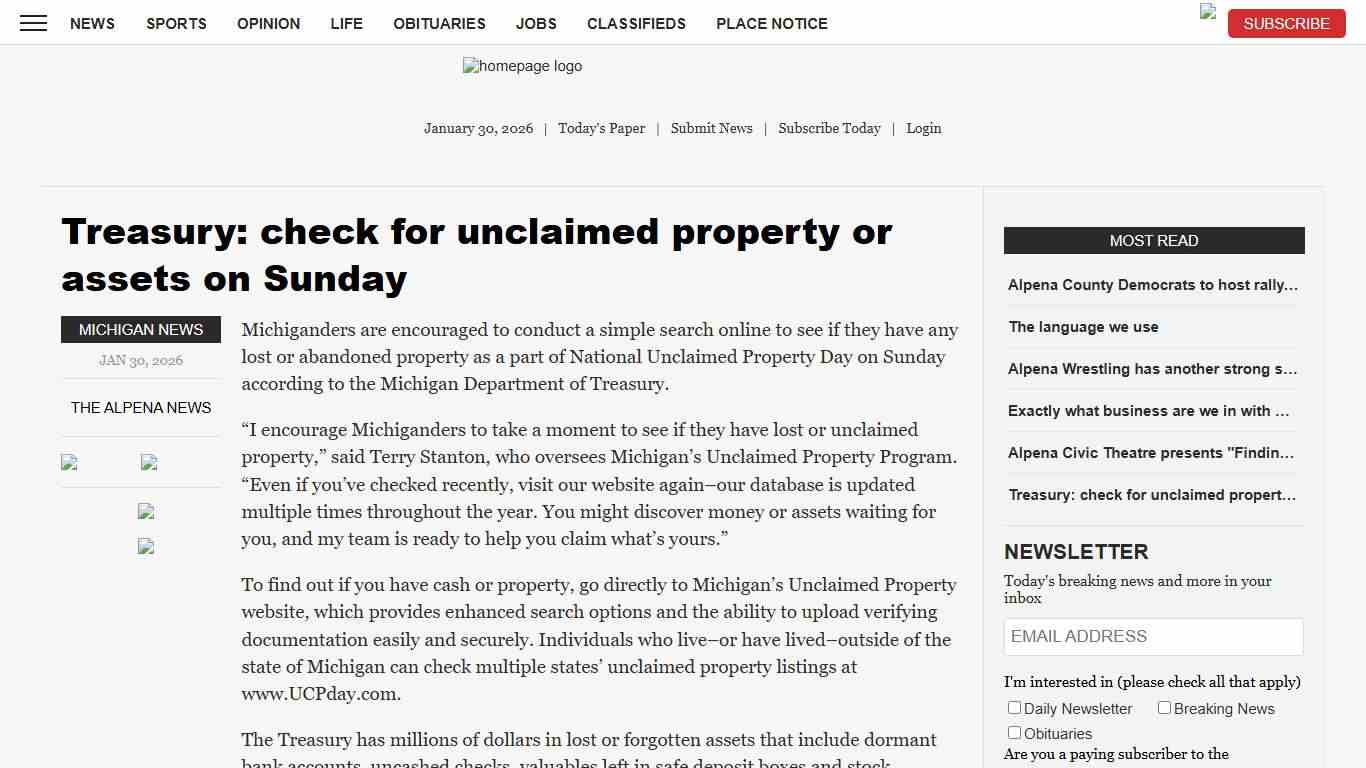 Treasury: check for unclaimed property or assets on Sunday News, Sports, Jobs - The Alpena News