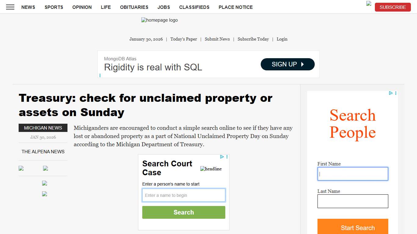 Treasury: check for unclaimed property or assets on Sunday News, Sports, Jobs - The Alpena News